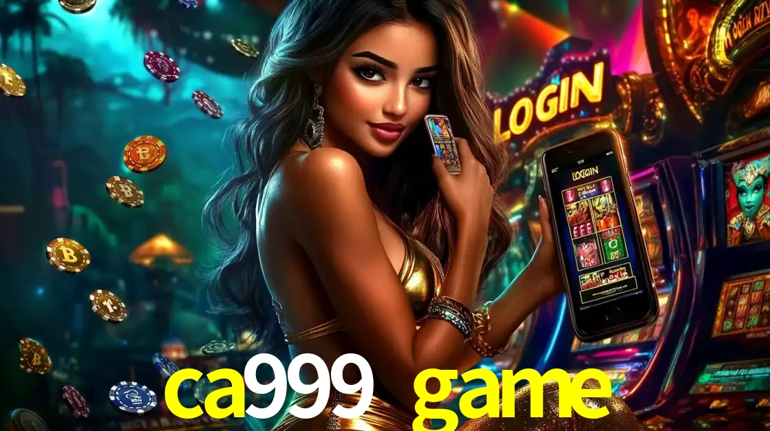 Mulher em um cenário de cassino temático de aventura, mostrando o app de caça-níqueis da ca999 game no celular. Fichas de apostas flutuam ao redor.