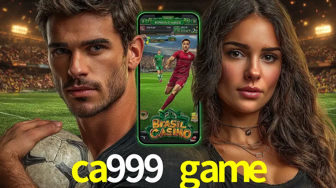 Homem segurando uma bola de futebol e uma mulher ao lado de um smartphone exibindo o jogo de apostas esportivas da ca999 game. Faça seu palpite no cassino online.